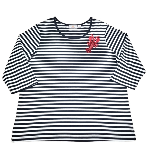 Quacker Factory Lobster Sequin Nautical Striped Top Women Size Large 3/4 Sleeve - Picture 2 of 11